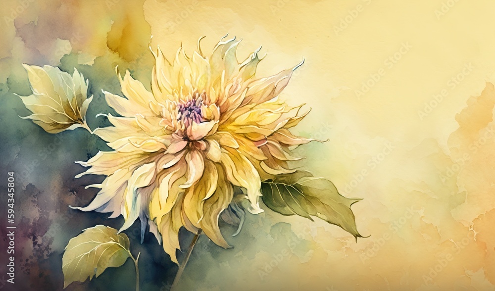  a painting of a yellow flower on a yellow and green background with watercolor stains and a spray o