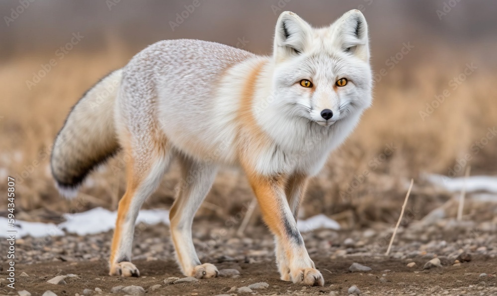  a red fox standing in a field with snow on the ground and grass in the foreground, with a brown and