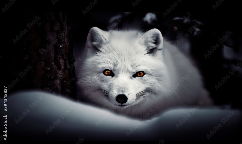  a white fox with orange eyes looking out from behind a tree in the snow with snow on the ground and