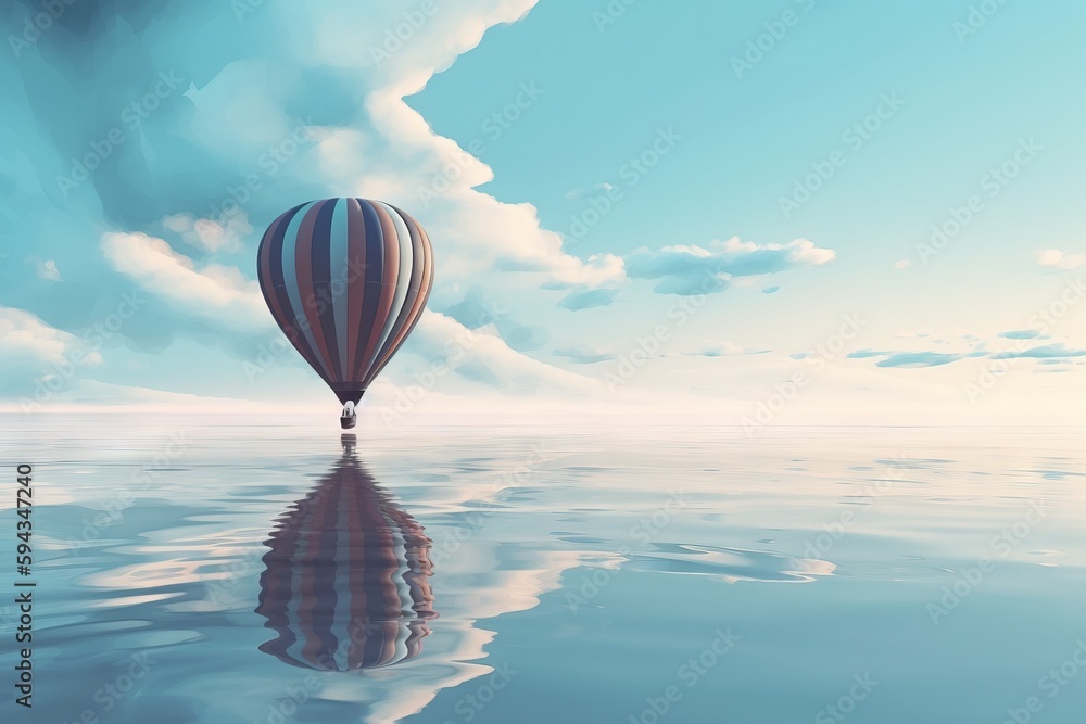  a hot air balloon floating in the air over water with clouds in the background and a blue sky with 