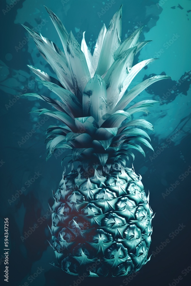  a pineapple with a blue background and a splash of water on its surface is shown in the foreground