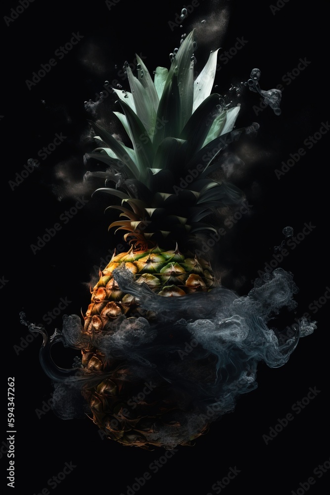  a pineapple is in the air with smoke coming out of its center and a black background behind it is 