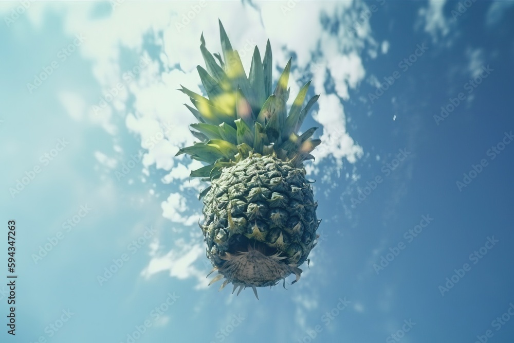  a pineapple is shown against a blue sky with clouds in the foreground and a few clouds in the sky a