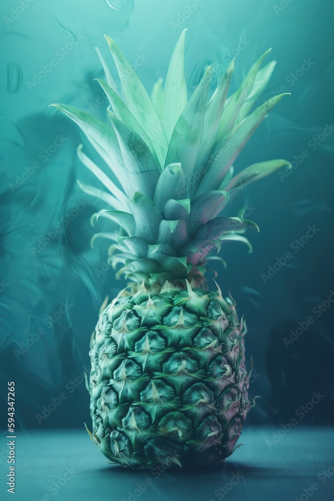  a pineapple sitting on top of a blue table next to a green wall and a blue background with drops of