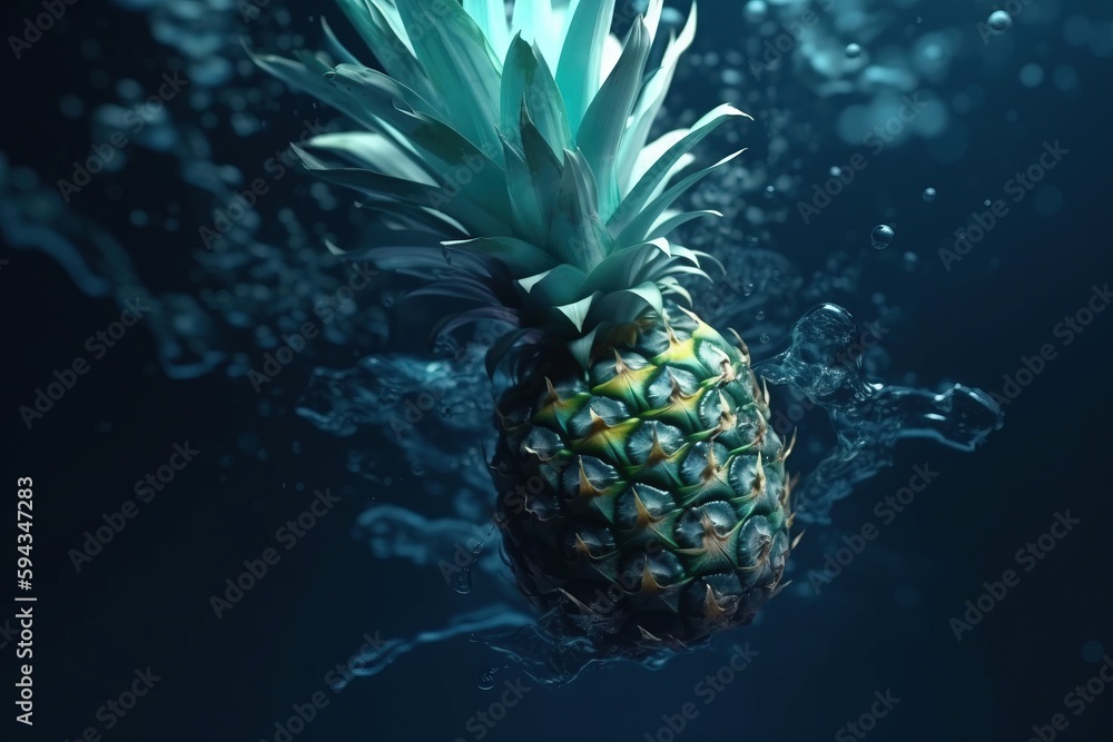  a pineapple floating in the water on a dark background with bubbles of water around it and a splash