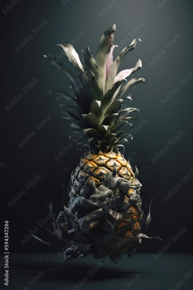  a pineapple with a bunch of leaves on its side and a flower on the top of the pineapple in the mid