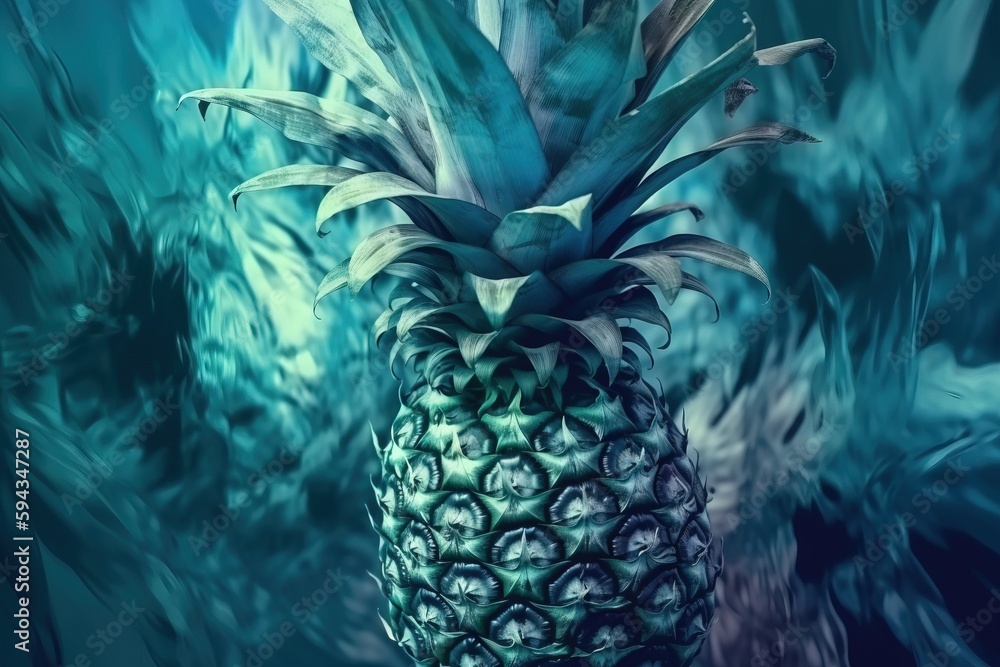  a large pineapple sitting in the middle of a blue ocean with waves coming up behind it and a blue s