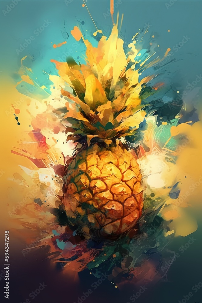  a painting of a pineapple on a blue and yellow background with a splash of paint on the top of the 