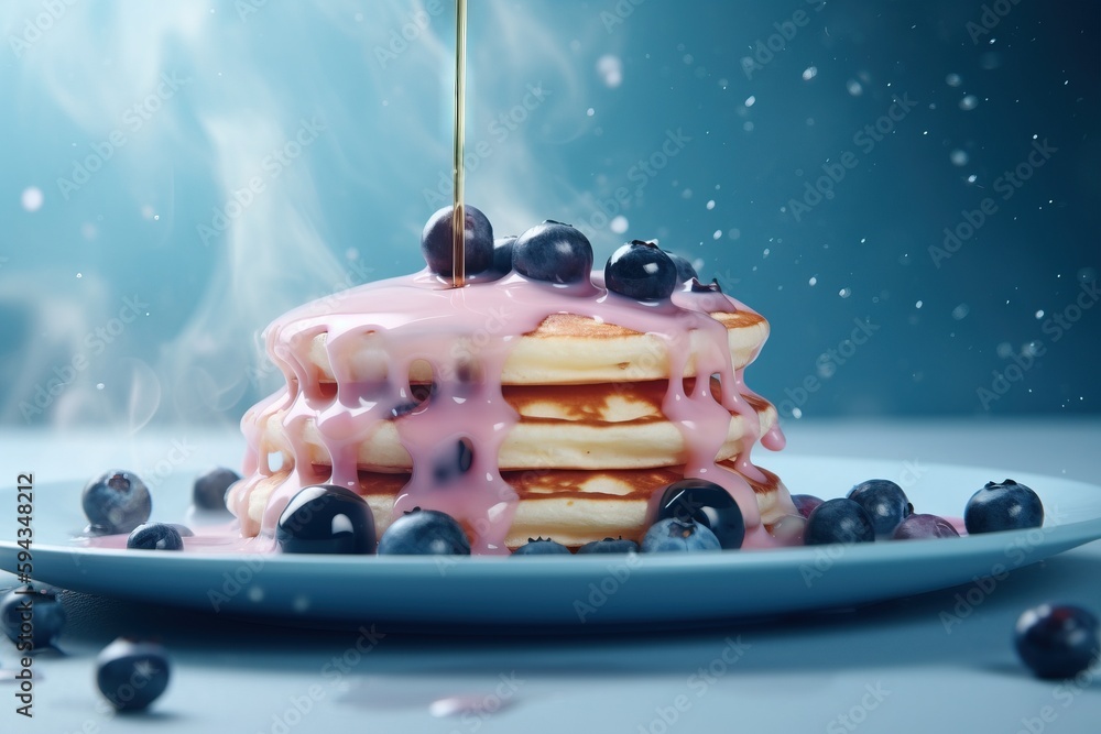  a blue plate topped with a stack of pancakes covered in icing and blueberries with a candle stickin