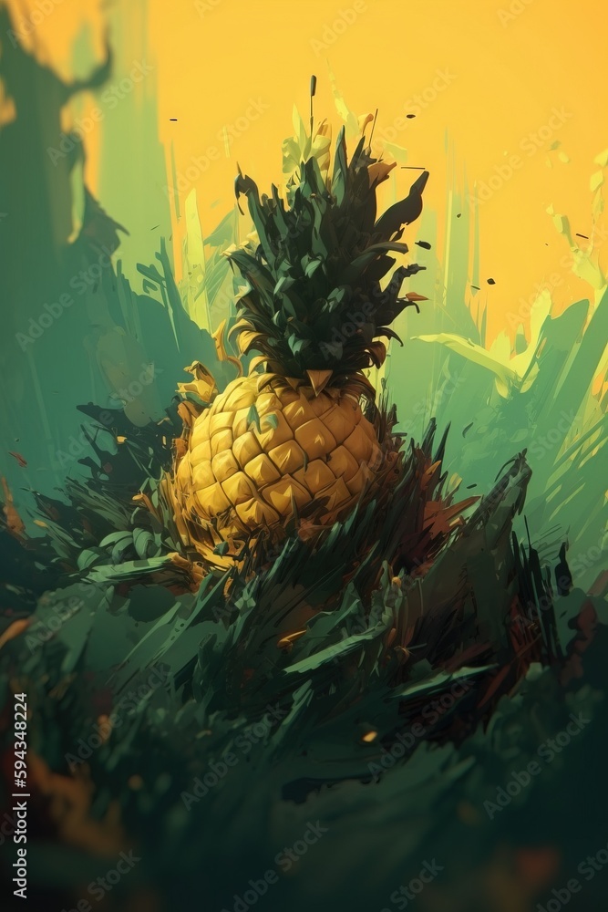  a digital painting of a pineapple surrounded by leaves and plants on a sunny day with a yellow sky 