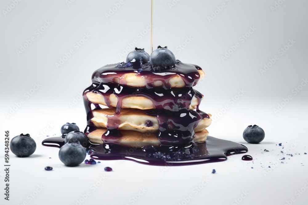  a stack of pancakes with blueberries and syrup on a white surface with blueberries scattered around