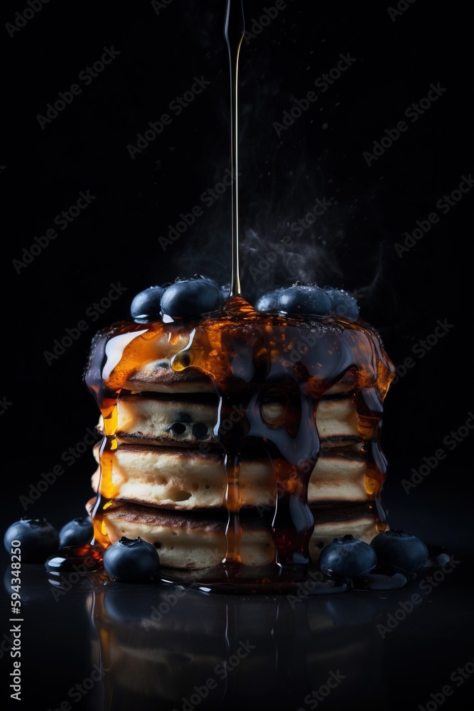  a stack of pancakes covered in syrup and syrup being poured on top of them with a fork in the middl