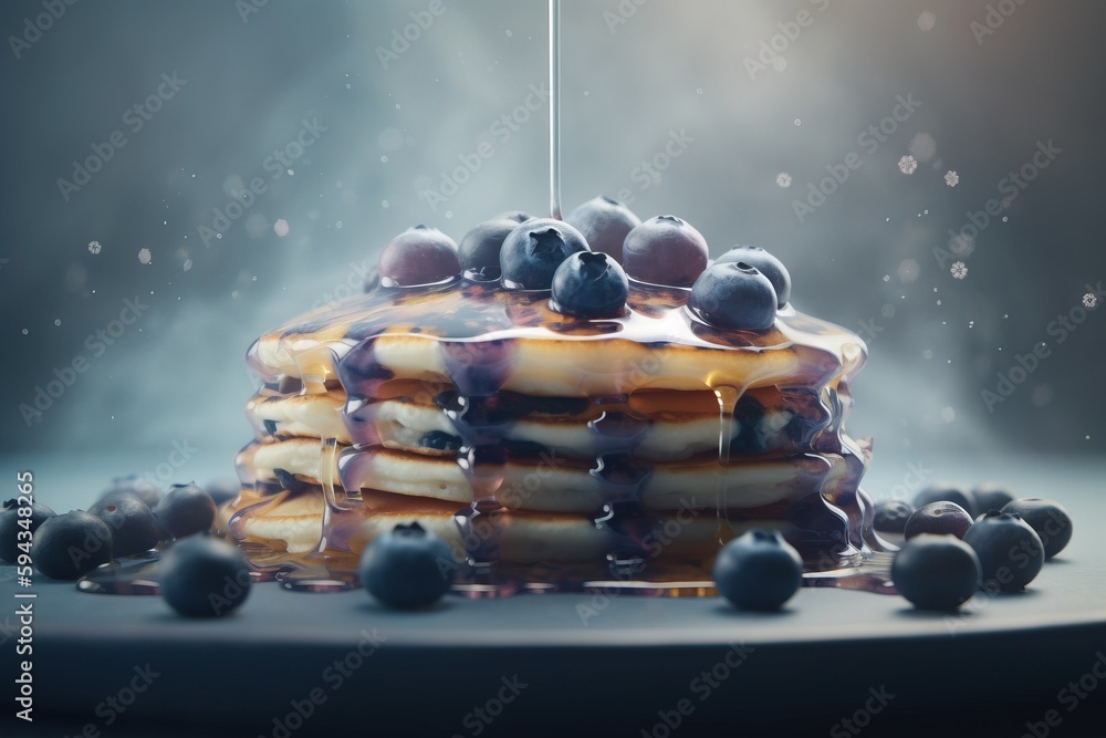  a stack of pancakes with syrup and blueberries on a plate with syrup pouring over them and blueberr