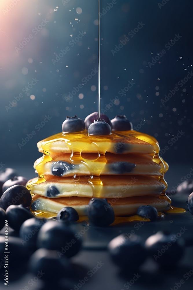  a stack of pancakes with blueberries and syrup on a table with blueberries and syrup on the table, 