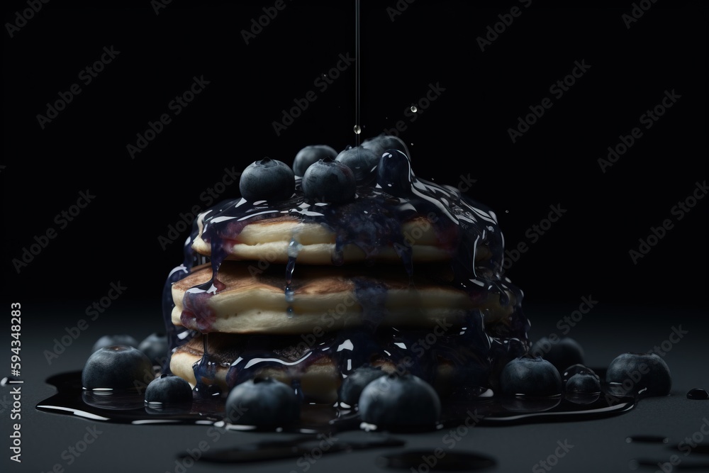  a stack of pancakes with blueberries and syrup on a black background with drops of chocolate on the