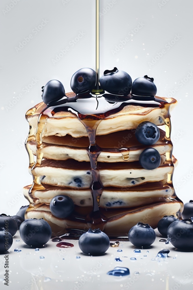  a stack of pancakes with blueberries and syrup on top of them with a spoon sticking out of the top 