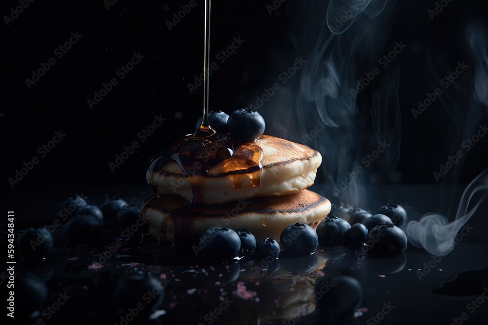  a stack of pancakes with syrup and blueberries on a black surface with smoke coming out of the top 