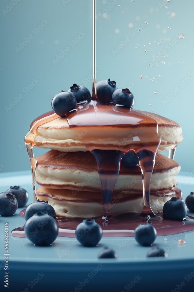  a stack of pancakes with syrup and blueberries on a blue plate with blueberries on the side of the 