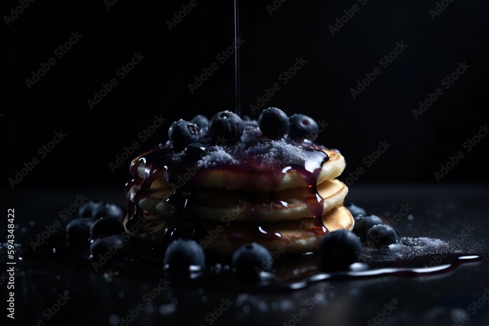  a stack of pancakes with blueberries and syrup on a black surface with drops of syrup on the top of