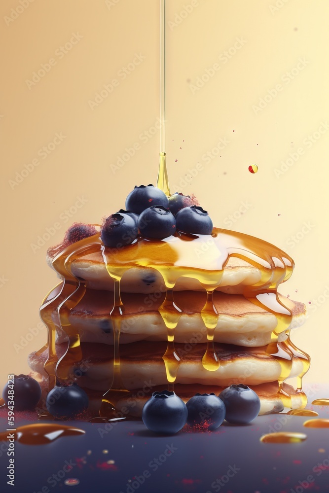  a stack of pancakes with syrup and blueberries on a plate with syrup pouring on them and a blueberr