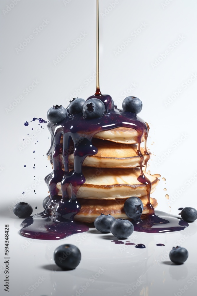  a stack of pancakes with blueberries and syrup on a white table with blueberries on the side of the