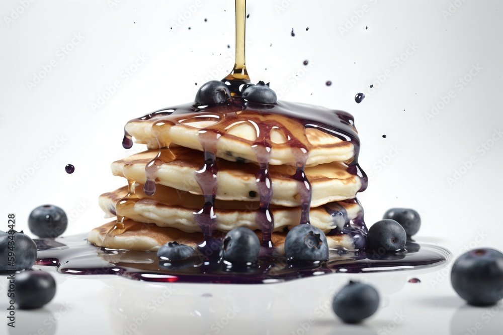  a stack of pancakes with syrup and blueberries on a white plate with blueberries on the side of the