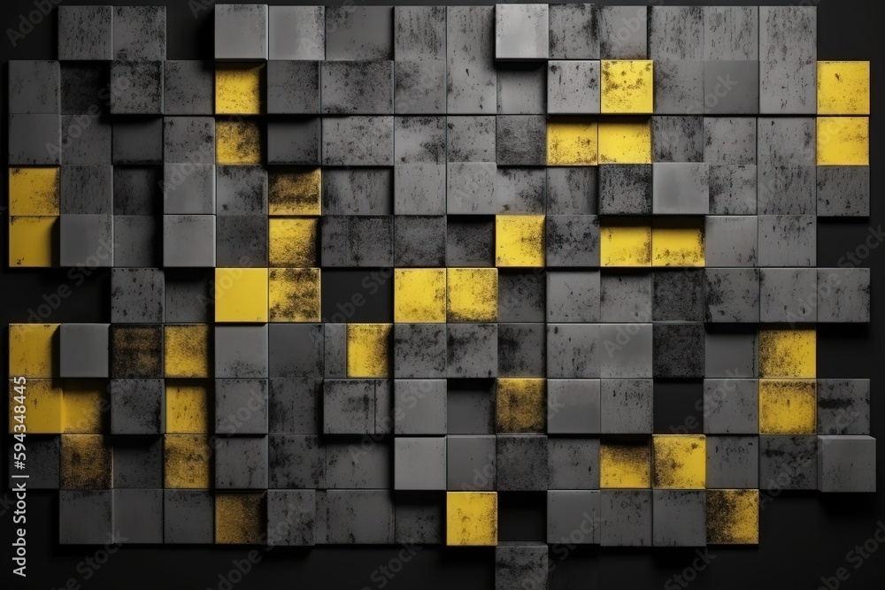  a black and yellow abstract background with squares and rectangles of varying sizes and shapes, wit