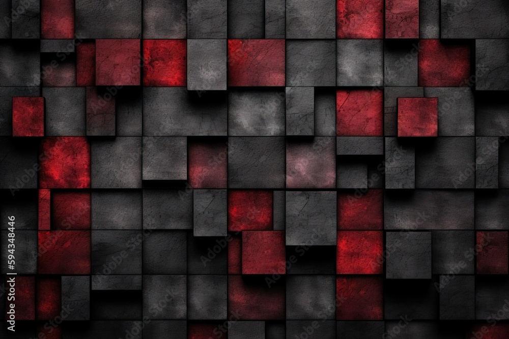  a black and red wall with squares and squares on its sides and a red square on the top of the wall