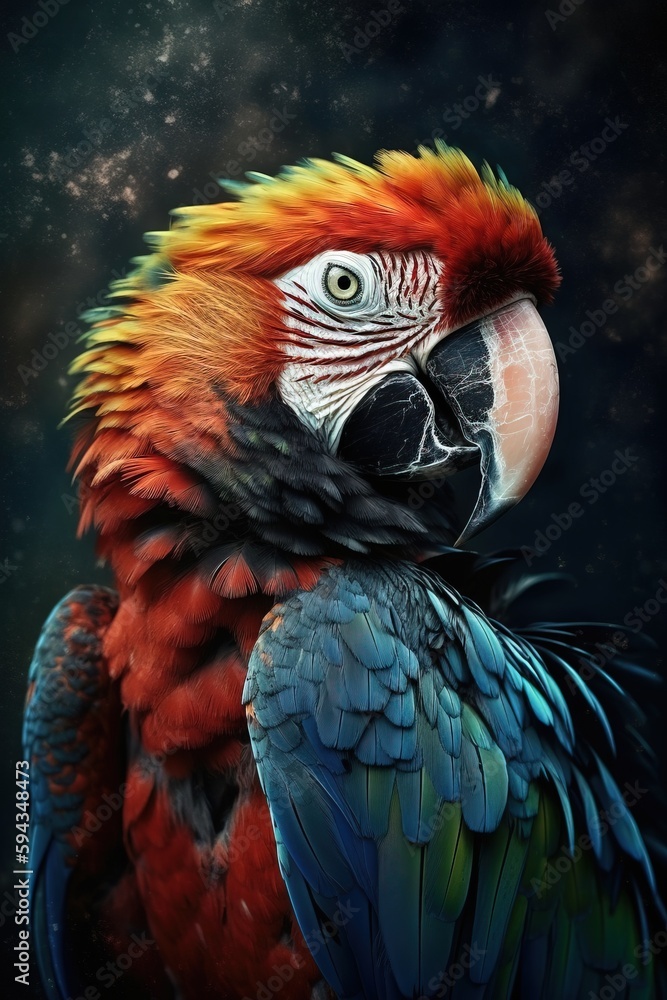  a colorful parrot with a black background and stars in the sky behind it is looking up at the sky w