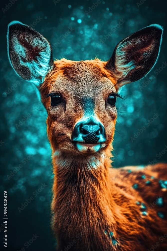  a close up of a deers face with a blurry back ground and a black background with a blue sky in the