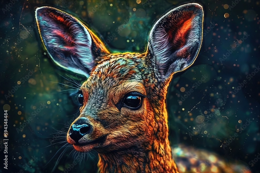  a painting of a deers face with a blurry background and a blurry image of a deers head in the for