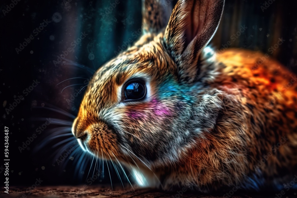  a digital painting of a rabbit in a dark room with a blue light coming from its eyes and a blurry 