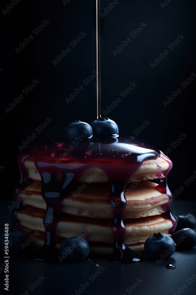  a stack of pancakes with blueberries and syrup on a black background with a stick sticking out of t