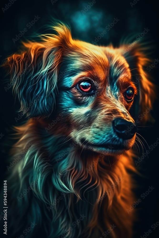  a close up of a dogs face with blue and orange eyes and a black background with a black background