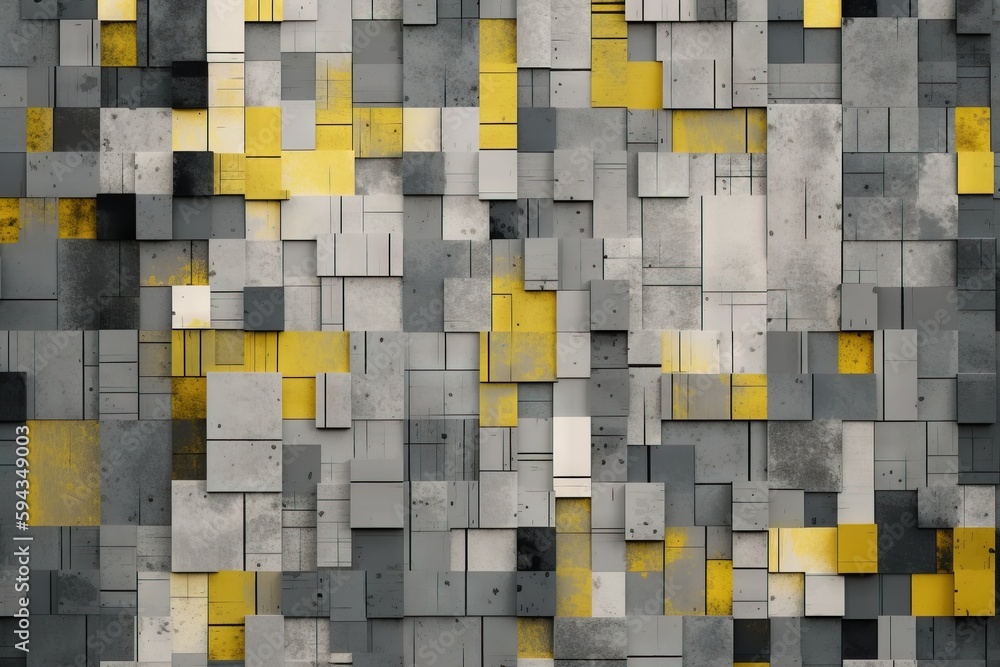  a very large and colorful wall with yellow and grey squares on its sides and a black and white bac