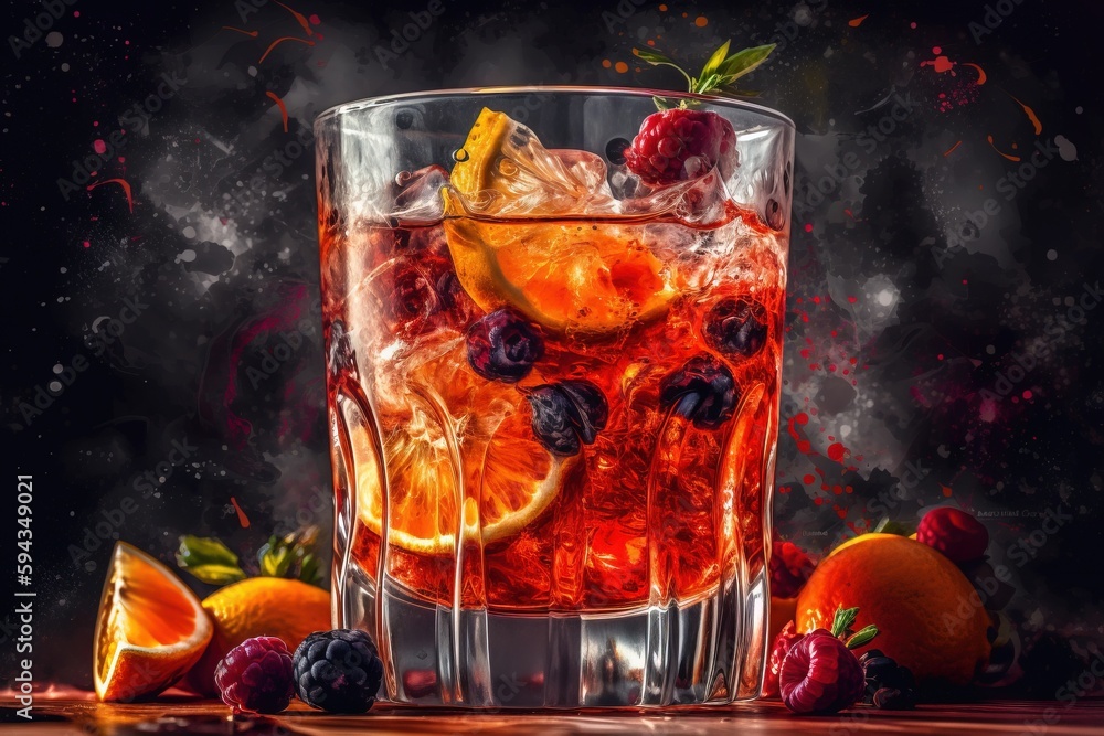  a glass filled with ice and fruit on top of a wooden table next to oranges and raspberry slices on 