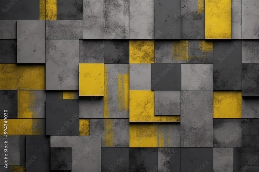  an abstract background of yellow and gray squares and rectangles on a concrete wall with a yellow s