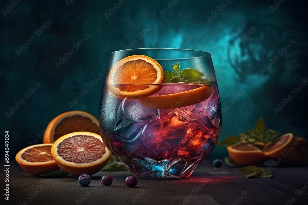  a glass filled with a drink surrounded by sliced oranges and mints on a wooden table next to a dark