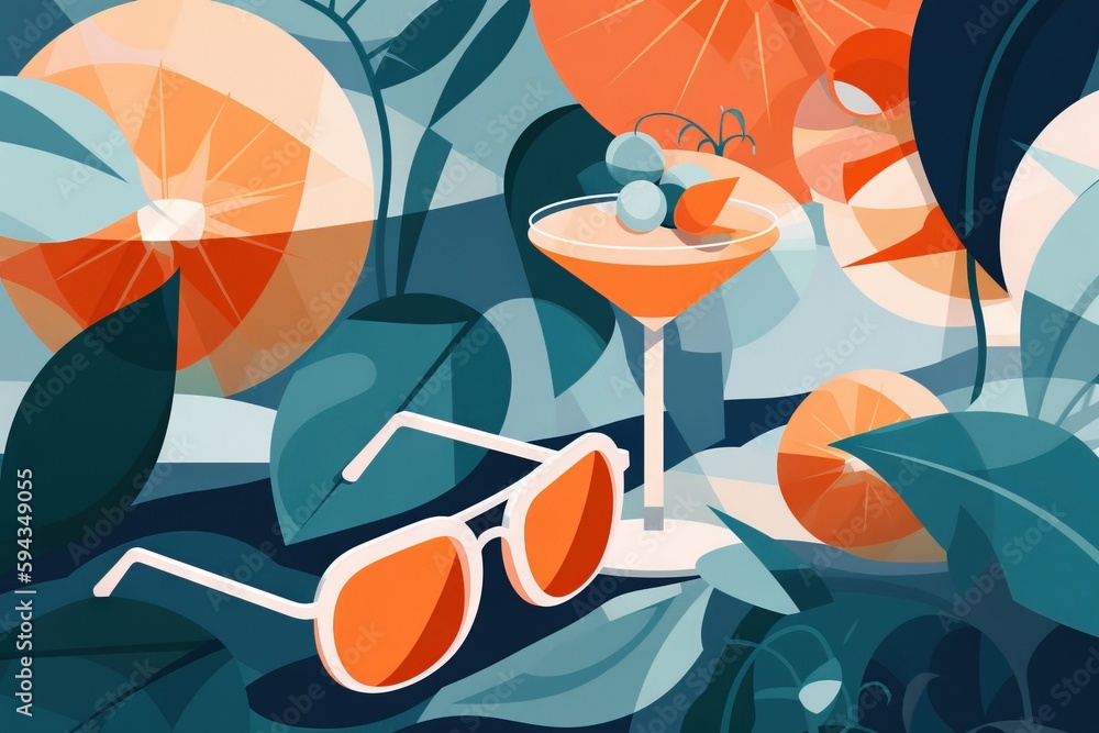  a painting of a cocktail with oranges and umbrellas in the background and a pair of sunglasses layi