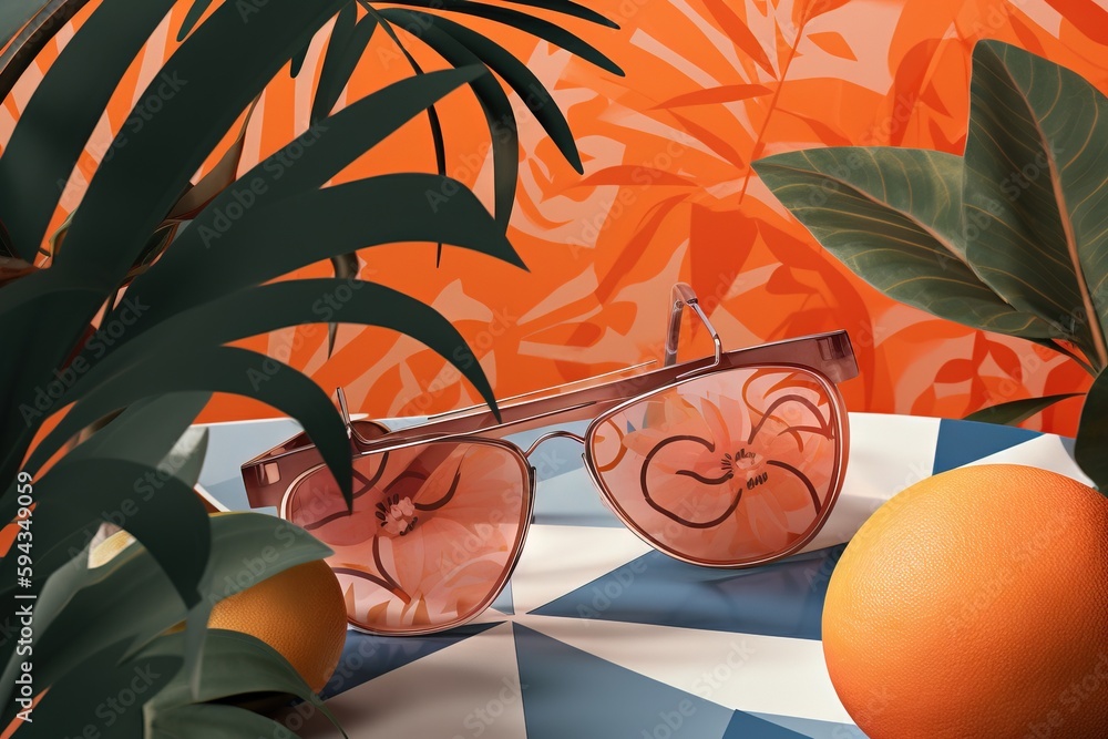  a pair of glasses sitting on top of a table next to an orange and a plant on a patterned tablecloth