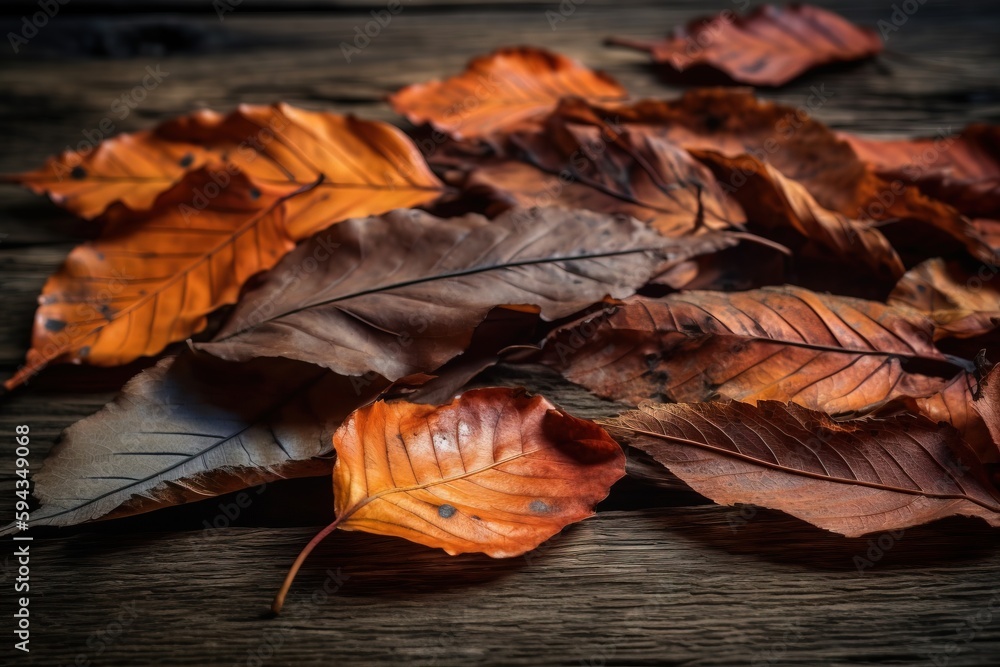  a bunch of leaves that are laying on a wooden table with a black background and a black and white p