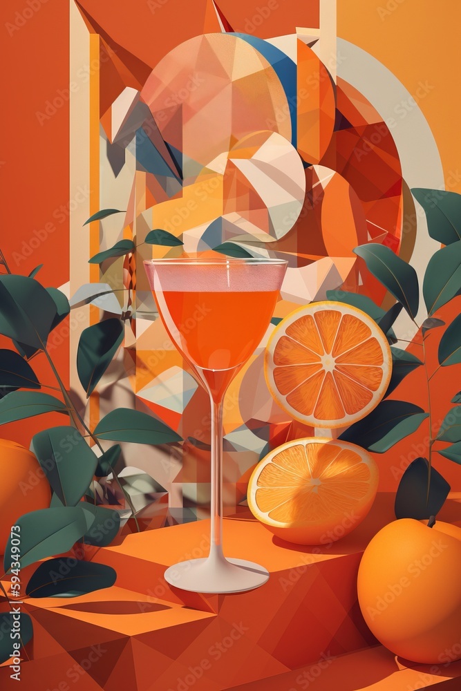  a painting of a glass of wine and oranges on a table with leaves and oranges on the table and a pic