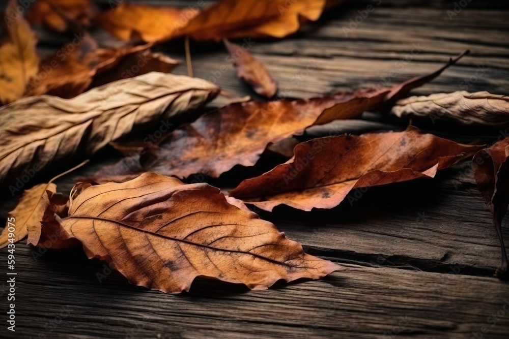  a group of leaves laying on top of a wooden table next to a leafless tree branch on a wooden table 