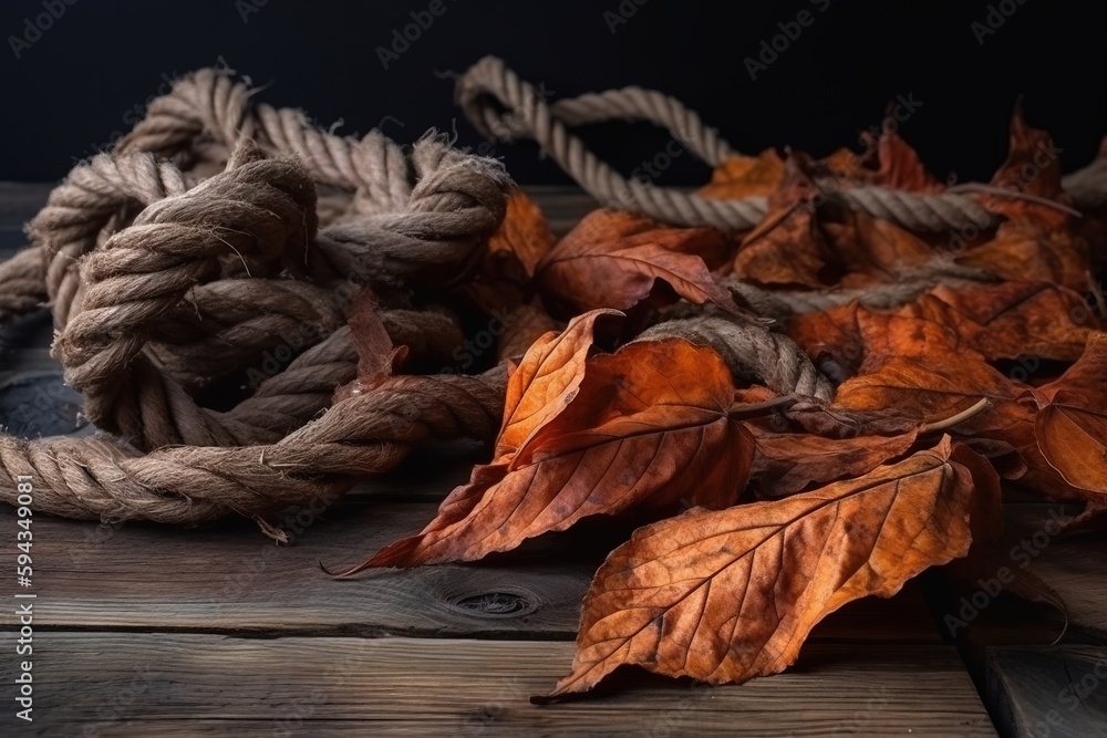  a rope and leaves on a wooden surface with a black background photo by scott.  generative ai