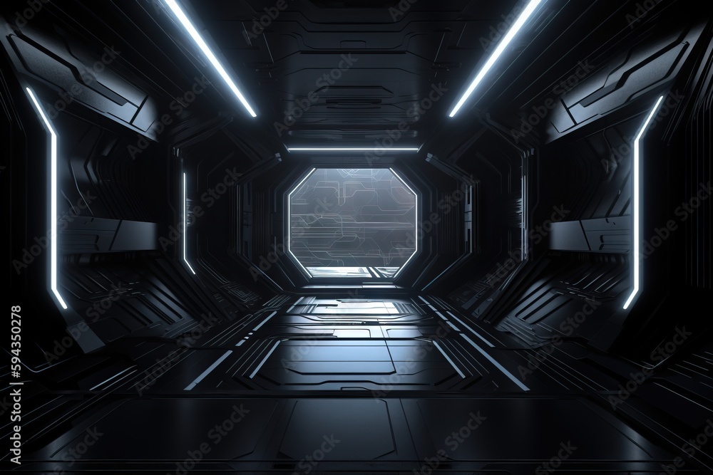  a sci - fi room with a large window and neon lights on the ceiling and a door leading to another ro