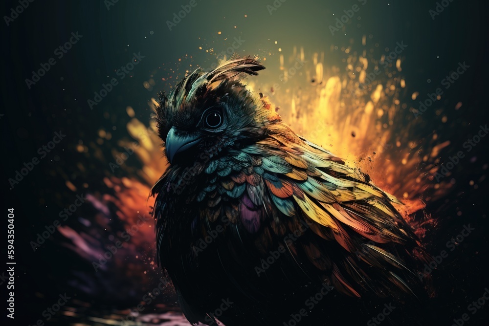  a colorful bird sitting on top of a table next to a fire filled wall of flames and water on a black