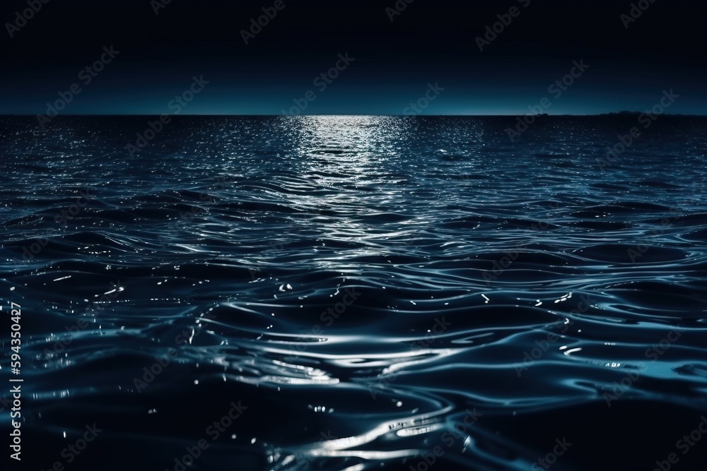  a full moon shines over the ocean at night with a dark sky and water waves on the surface of the wa