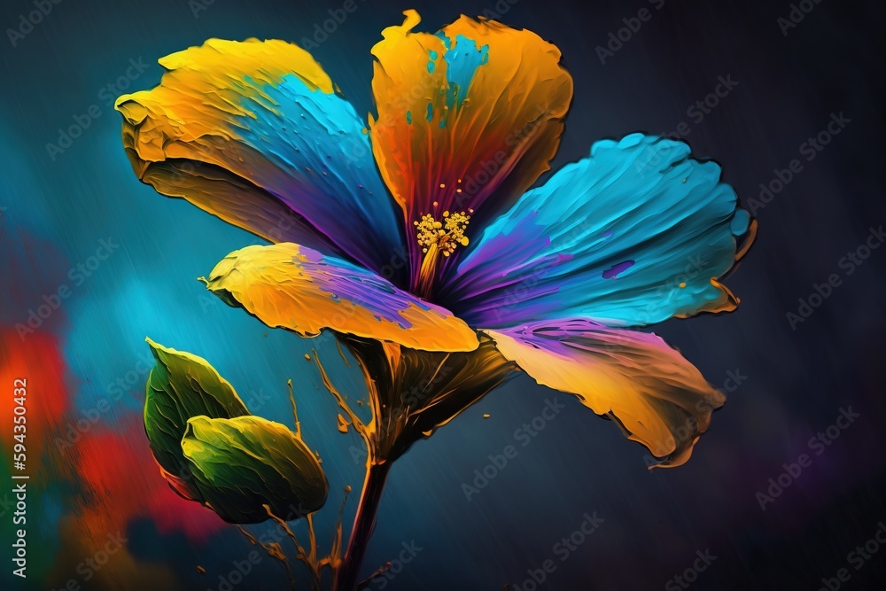  a colorful flower with green leaves on a black background with a blue sky in the background and a r