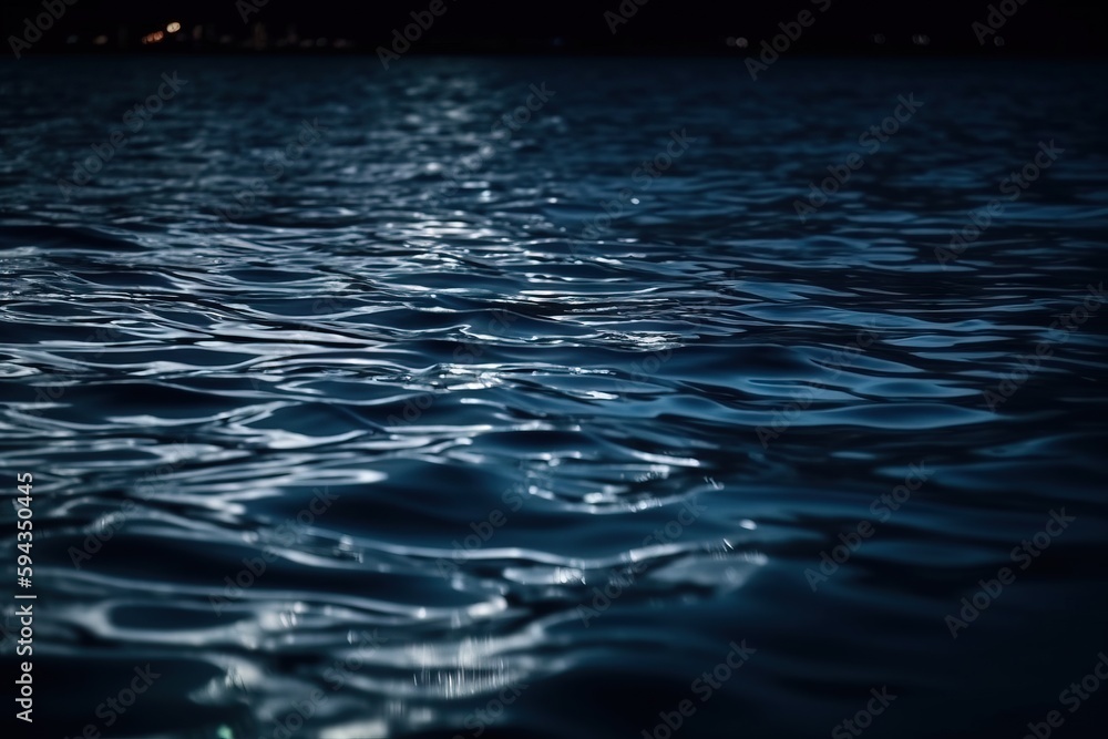  a body of water that is very dark and blue in the night time, with some light reflecting off of the