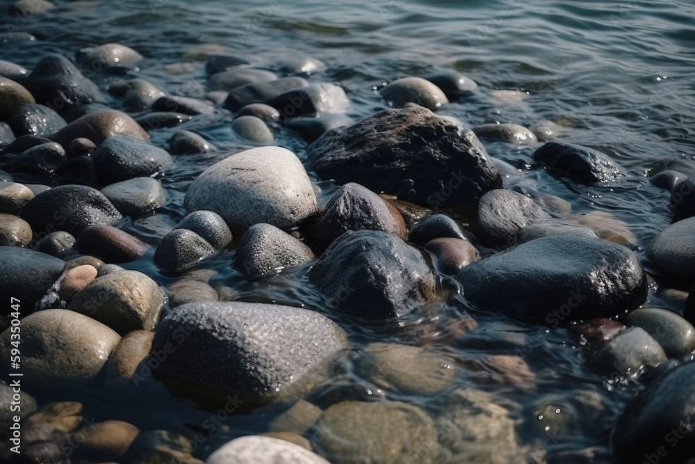  a bunch of rocks sitting in the water near the shore of a lake or river with a few waves coming in 